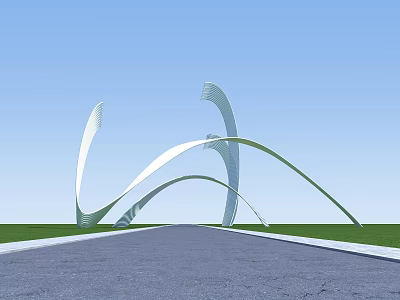 Modern Sculptural Entrance Gate with Curved White Arches Against Blue Sky And Green Lawn 3d model