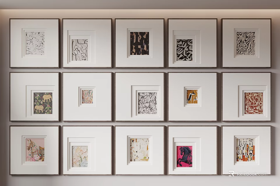 Multiple Framed Abstract Paintings With Diverse Artistic Designs On Wall 3d model 