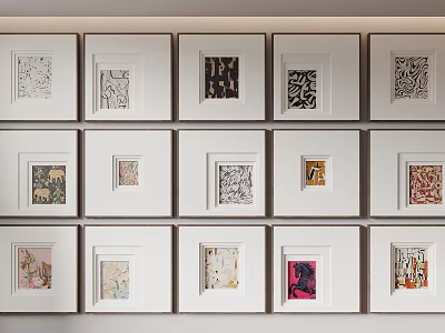Multiple Framed Abstract Paintings With Diverse Artistic Designs On Wall 3d model