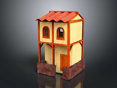 Cartoon Two Story House Scene With Red Tiled Roof Yellow Walls Windows And Brown Base 3d model