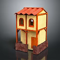 Cartoon Two Story House Scene With Red Tiled Roof Yellow Walls Windows And Brown Base