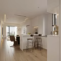 Modern Dining Kitchen Interior With White Cabinets Island Counter Bar Stools Window And City View