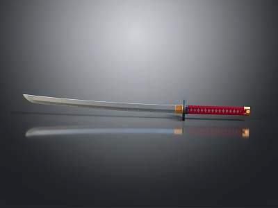 Samurai Sword With Silver Blade Red Handle And Gold Accents On Dark Background 3d model