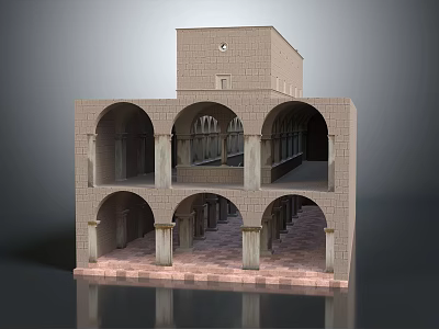 Cultural Center Building Featuring Arched Openings Columned Corridors And Multi Level Stone Facade 3d model