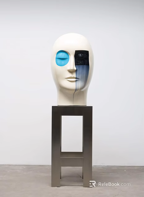 Decorative Ornament Set White Head Sculpture With Blue Black Eyes And Black Stand 3d model 