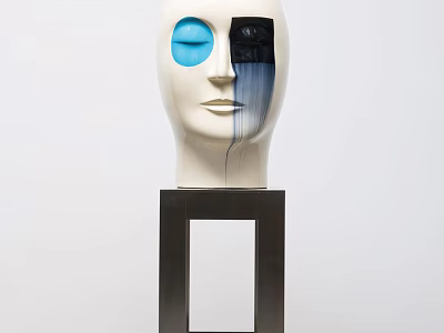 Decorative Ornament Set White Head Sculpture With Blue Black Eyes And Black Stand 3d model