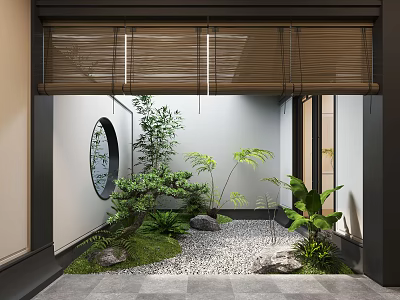Japanese Style Courtyard Garden with Circular Window Bamboo Blinds Green Plants and Gravel Ground 3d model
