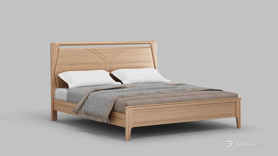 Wooden Double Bed With Stylish Headboard White Pillows And Gray Blanket 3d model 