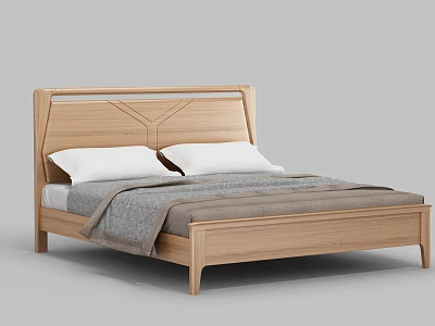 Wooden Double Bed With Stylish Headboard White Pillows And Gray Blanket 3d model