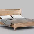 Wooden Double Bed With Stylish Headboard White Pillows And Gray Blanket