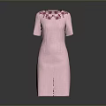 Elegant Pink Short Sleeve Dress With Red Floral Embroidery On Neckline And Texture Fabric