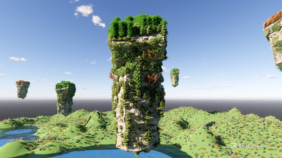 Cartoon Scene Of Floating Stone Pillars With Green Vegetation Hills Blue Sky And White Clouds 3d model 