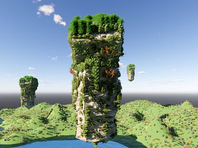 Cartoon Scene Of Floating Stone Pillars With Green Vegetation Hills Blue Sky And White Clouds 3d model