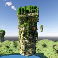 Cartoon Scene Of Floating Stone Pillars With Green Vegetation Hills Blue Sky And White Clouds