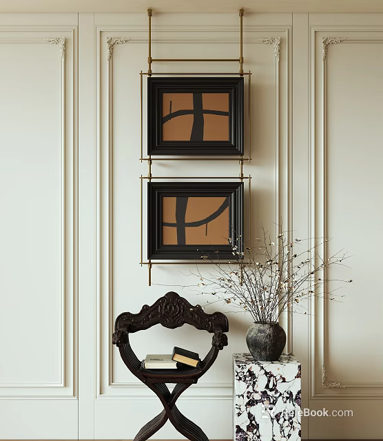 Elegant Interior With Black Framed Paintings Dark Carved Chair Dried Branch Vase Light Striped Wall 3d model 