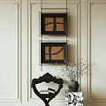 Elegant Interior With Black Framed Paintings Dark Carved Chair Dried Branch Vase Light Striped Wall