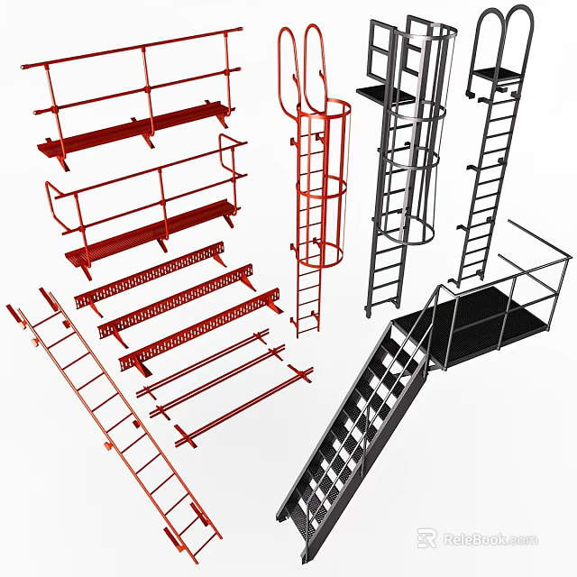 Wide Selection of Industrial Metal Safety Ladders and Outdoor Access Stair Platform Sets 3d model 