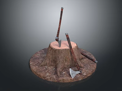 Vintage Axe Collection With Wooden Handles And Metal Blades On Tree Stump Base 3d model