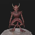 Red Horned Demon Game Movie Character with Sharp Teeth Claws Standing on Rock Base