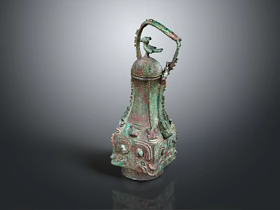 Ancient Chinese Bronze Vessel With Intricate Carvings And Bird Shaped Handle 3d model