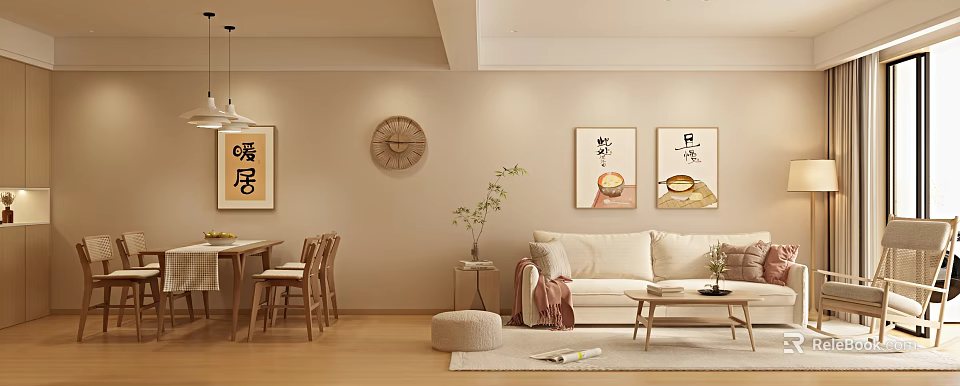 Cozy Living And Dining Room Interior With Sofa Dining Table Clock Green Plant And Decorative Paintings 3d model 