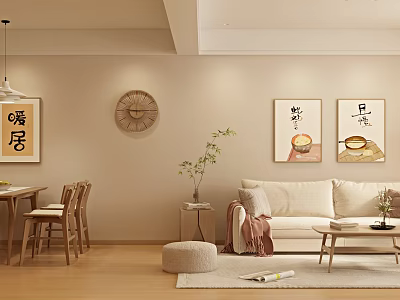 Cozy Living And Dining Room Interior With Sofa Dining Table Clock Green Plant And Decorative Paintings 3d model