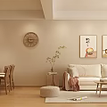 Cozy Living And Dining Room Interior With Sofa Dining Table Clock Green Plant And Decorative Paintings