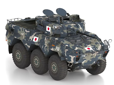 Camouflage Military Tank With Six Wheeled Design Number 76 And Radar Antenna 3d model