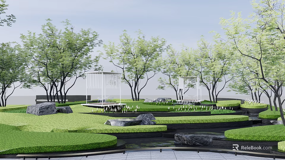 Garden Landscape Design With Green Lawns Trees Rocks And White Structures 3d model
