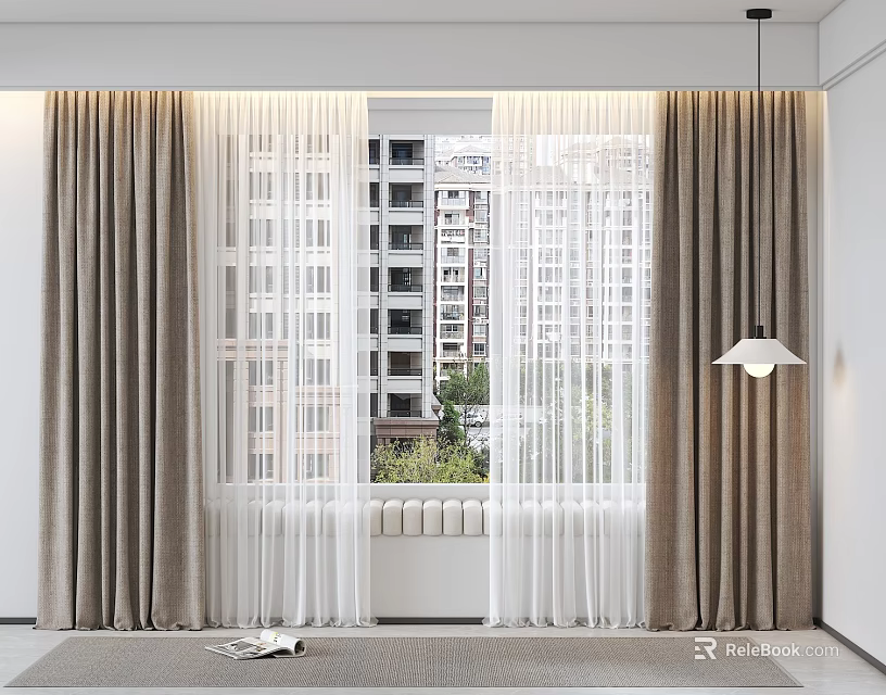 Beige Thick And White Sheer Curtains With Window High Rise Buildings Green Plants In Room 3d model 
