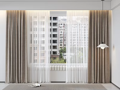 Beige Thick And White Sheer Curtains With Window High Rise Buildings Green Plants In Room 3d model