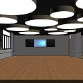 Bright Fitness Workout Space With Wooden Flooring Round Lights Large Screen And Exercise Barres