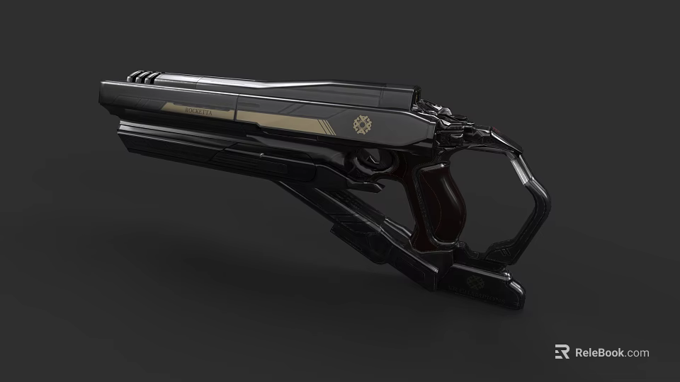 Futuristic Sci Fi Gun With Black Body Gold Accents And Wooden Grip 3d model 
