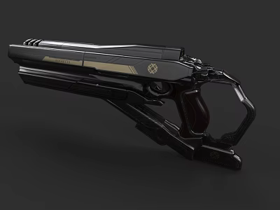 Futuristic Sci Fi Gun With Black Body Gold Accents And Wooden Grip 3d model