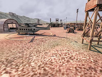 Helicopter Parked At Military Base With Wooden Tower Sandy Ground And Hangar 3d model