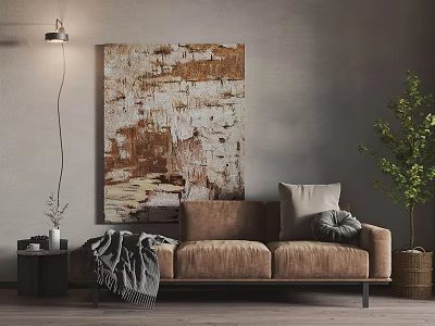 Brown Three-Seater Sofa with Gray Blanket Pillow Abstract Painting Floor Lamp and Green Plant 3d model