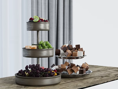 Inflatable Three Tier Fruit Dessert Display Tray On Wooden Table With Curtain 3d model
