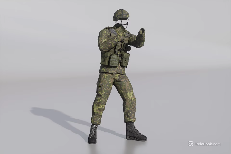 Man in Camouflage Uniform with Helmet Goggles and Tactical Vest in Combat Pose 3d model 