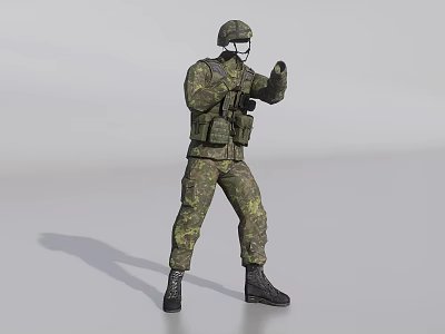 Man in Camouflage Uniform with Helmet Goggles and Tactical Vest in Combat Pose 3d model