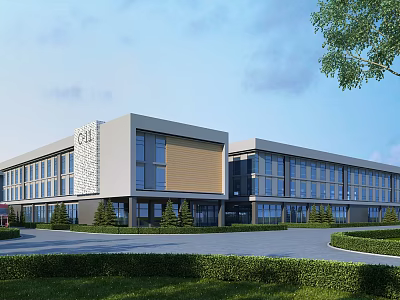Modern Industrial Factory Building Exterior Design With Glass Windows Landscaped Gardens And Spacious Entrance 3d model