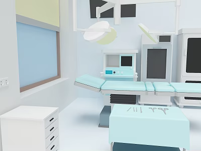 Cartoon Operating Room Scene with Blue Operating Table Surgical Lamp Medical Equipment Window and Cabinets 3d model