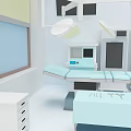 Cartoon Operating Room Scene with Blue Operating Table Surgical Lamp Medical Equipment Window and Cabinets