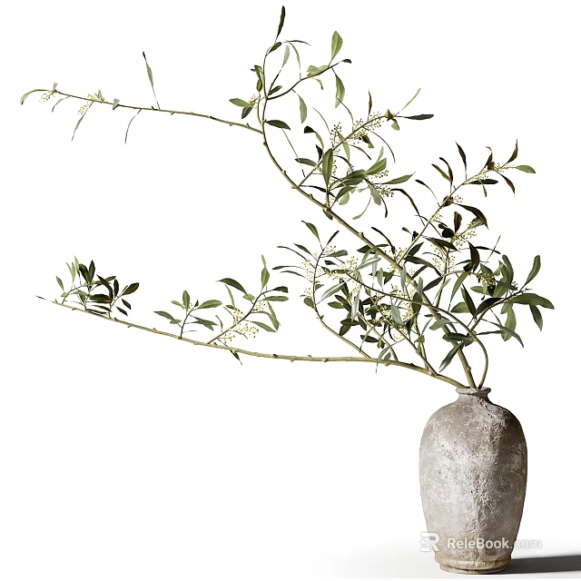 Textured Gray Vase Adorned With Olive Branches Green Leaves And Slender Twigs 3d model 