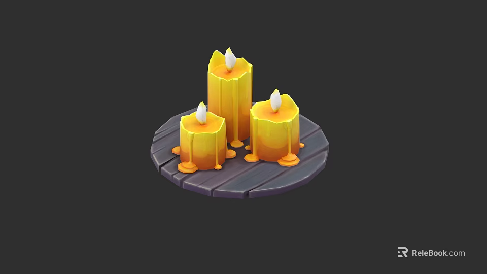 Decorative Ornament Set With Three Yellow Candles On Wooden Tray And Wax Drips 3d model 