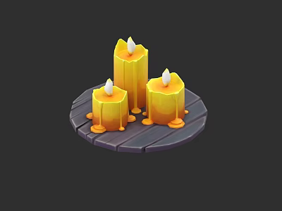 Decorative Ornament Set With Three Yellow Candles On Wooden Tray And Wax Drips 3d model