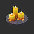 Decorative Ornament Set With Three Yellow Candles On Wooden Tray And Wax Drips