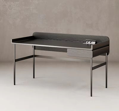 Modern Minimalist Desk With Dark Wood Surface Metal Frame And Small Drawer 3d model