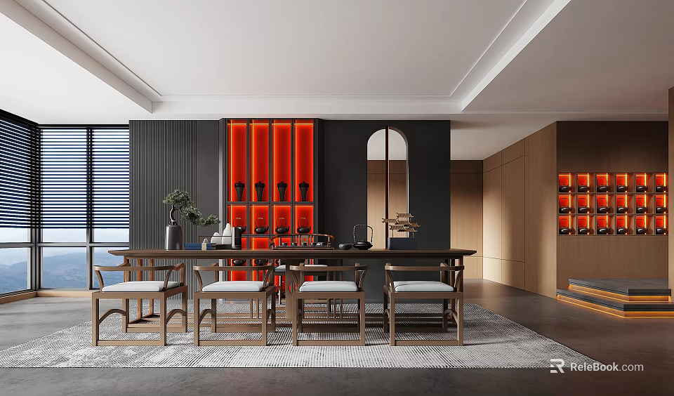 Serene Modern Tea Room Interior Design With Wooden Table Tea Sets And Decorative Shelves 3d model 