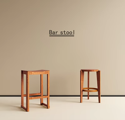 Two Wooden Bar Stools In Minimalist Interior With Light Colored Background 3d model