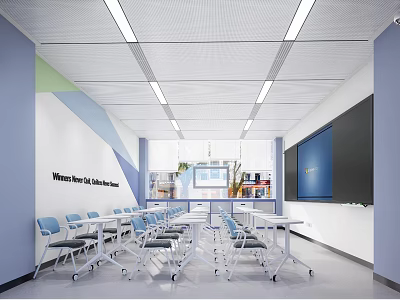 Modern School Classroom With Blue Chairs White Tables And Smart Board 3d model